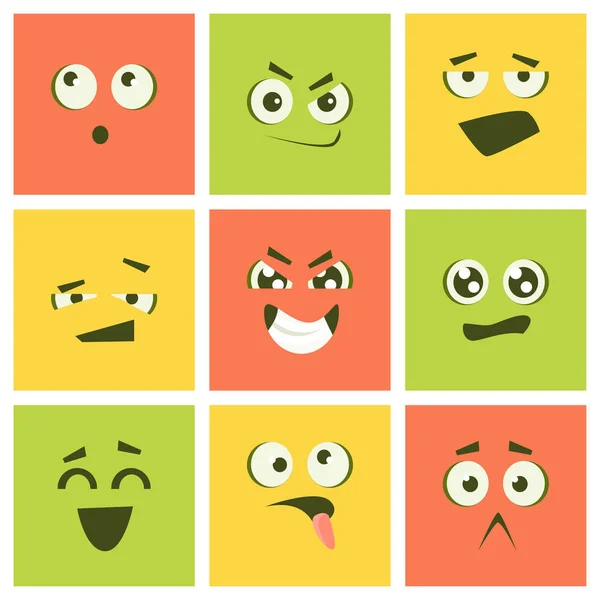 Carino Kawaii Emoticons Set, Piazze colorate Emoji con diverse emozioni Vector Illustrazione — Vettoriale Stock