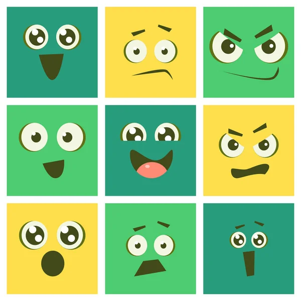 Ορίστε Kawaii χαριτωμένο Emoticons, Emoji πλατείες με την αστεία πρόσωπα και διαφορετικά συναισθήματα διανυσματικά εικονογράφηση — Διανυσματικό Αρχείο