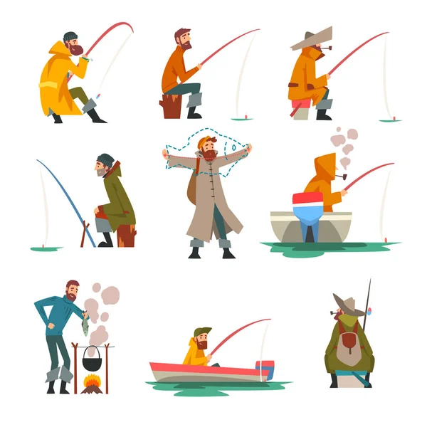 Fisherman Fishing with Fishing Rod and Cooking Soup on Bonfire Vector Illustration — Stock Vector