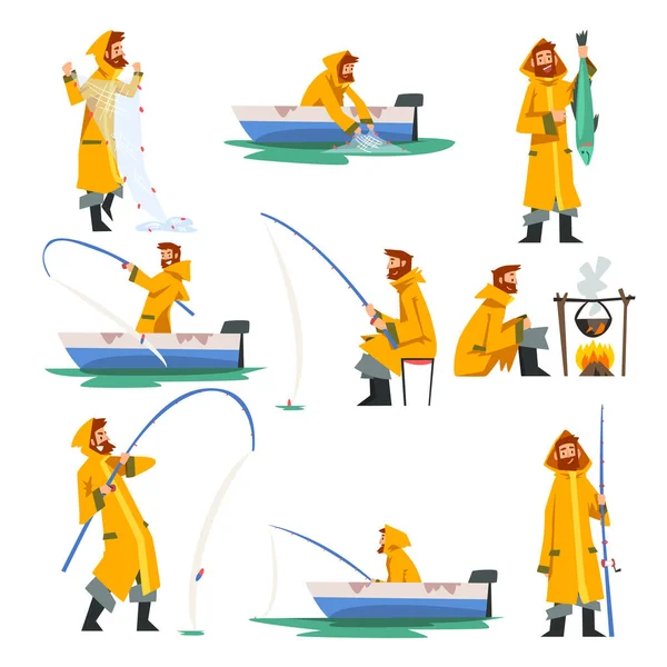 Fisherman Fishing with Net and Fishing Rod in Boat, Man Cooking on Bonfire Vector Illustration — Stock Vector