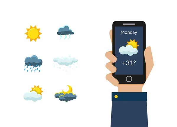 Human Hand Holding Smartphone with Weather Forecast Application, Sun, Clouds, Thunderstorm, Night and Day Design Elements Vector Illustration (dalam bahasa Inggris). - Stok Vektor