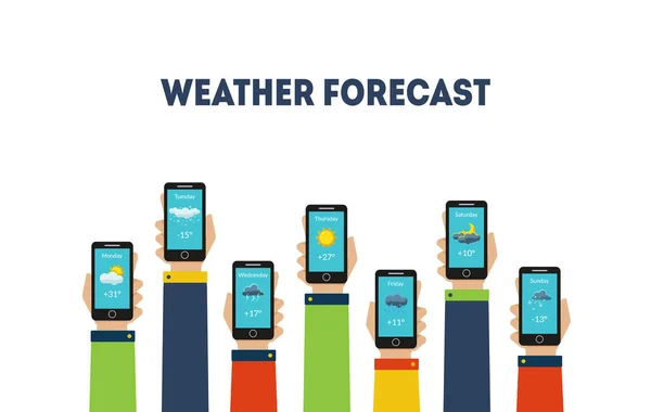 Manos Humanas Sosteniendo Smartphones con Aplicaciones de Pronóstico Climático Vector Illustration — Vector de stock