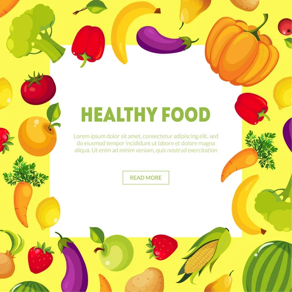 Hälsosam mat Banner med utrymme för Text, färska grönsaker och frukter vektor Illustration — Stock vektor