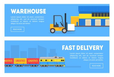 Ambar, hızlı teslimat hizmeti vektör çizim izleme Set, ticari nakliye taşıma, kargo afiş.