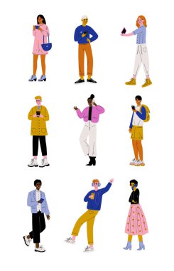 Trendy halkı ile araçlar ayarlamak, genç erkek ve kadınların Merhaba Tech teknolojileri, Smartphone, yastık, Tablet, müzik oyuncu vektör çizim kullanarak