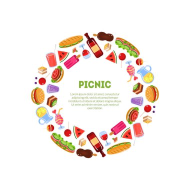 Piknik renkli kare yaz, Bahar romantik piknik aperatifler ve sebze vektör çizim