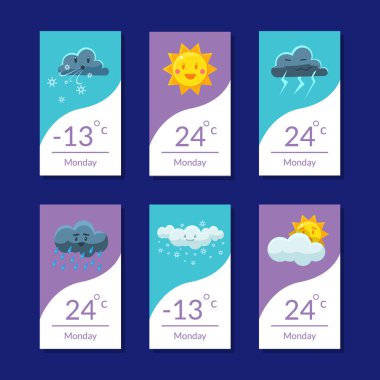 Hava tahmini afiş kümesi, sıcaklık, bulutlu, ihtimali sayfa web sitesi şablonları vektör çizim