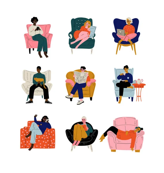 People Sitting at Home in Comfortable Armchair Set, Men and Women Resting, Drinking Tea or Coffee, Working on Laptop, Reading, Talking on Phone Vector Illustration — Stock Vector