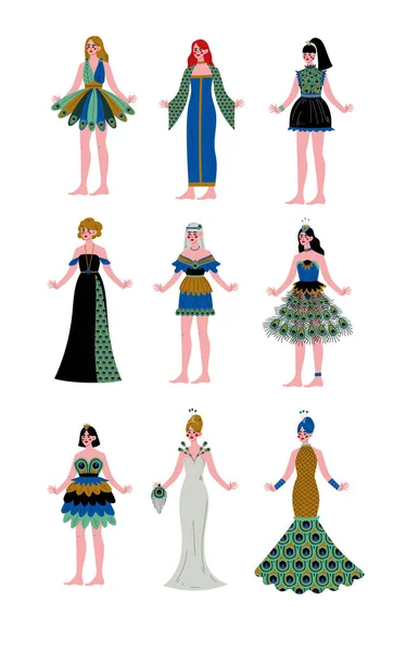 Collection of Beautiful Girls Wearing Elegant Peacock Feather Dresses Vector Illustration - Stok Vektor