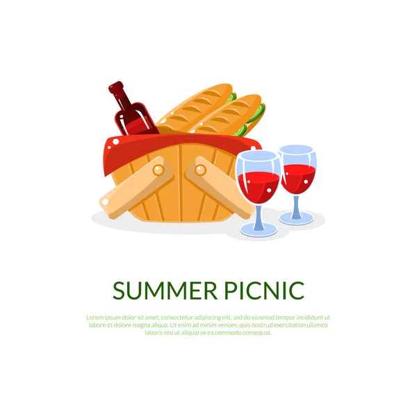 Romantic Summer Picnic Banner, Outdoor Recreation Template with Basket, Wine and Loaf Bread Vector Illustration