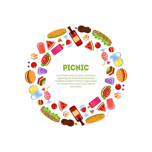 Picnic Round Colored Frame, Summer, Spring Romantic Picnic Snacks and Vegetables Vector Illustration — Stock Vector