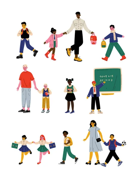 Pais e seus filhos caminhando para a escola de manhã, alunos bonitos meninos e meninas estudando na escola Vector Ilustração — Vetor de Stock