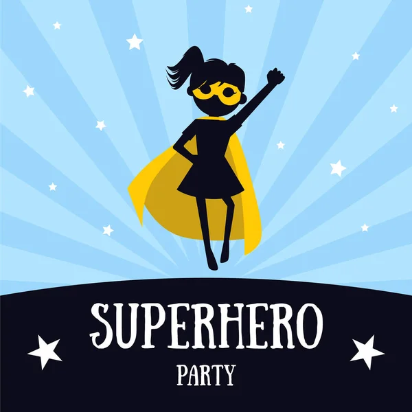 Superhero Party Banner, Cute Girl in Superhero Costume and Mask, Birthday Invitation, Landing Page Template Vector Illustration
