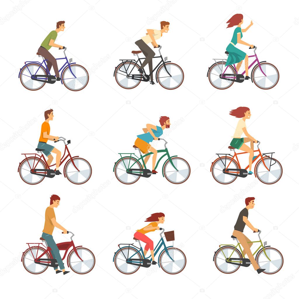 People Riding Bicycles Set, Men and Women on Bikes Vector Illustration