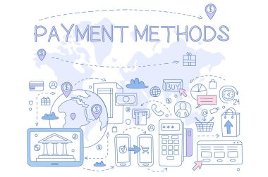 Ödeme yöntemlerini ayarlama, kredi kartı, mobil uygulaması, atm ve terminal, para transferi, internet banka, afiş, poster, broşür, el ilanı, elle çizilmiş vektör çizimler reklam tasarım öğesi