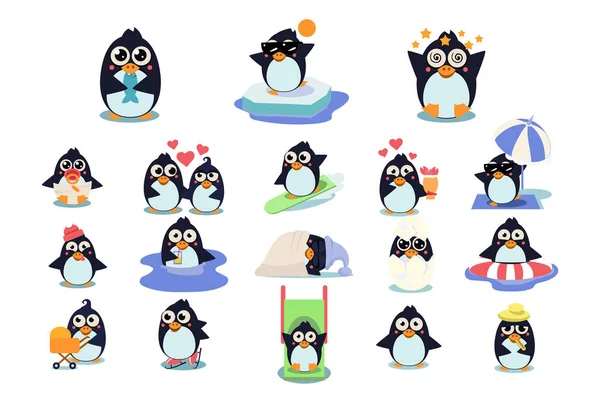 Funny christmas penguins characters set, cute birds in different situations vector Illustrations on a white background — Stock Vector