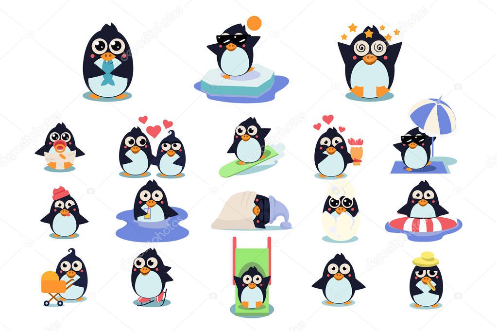 Funny christmas penguins characters set, cute birds in different situations vector Illustrations on a white background