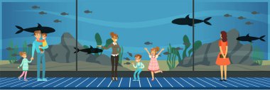 İnsanlar bir oceanarium ziyaret, Deniz balığı gezi, öğretmenleri ile izlerken çocuklar illüstrasyon düz stil vektör