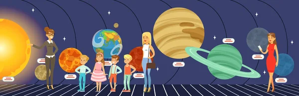 Yıldızlar hakkında öğrenme çocuklar, gezegen ve yıldız, güneş sistemi illüstrasyon düz stil vektör — Stok Vektör
