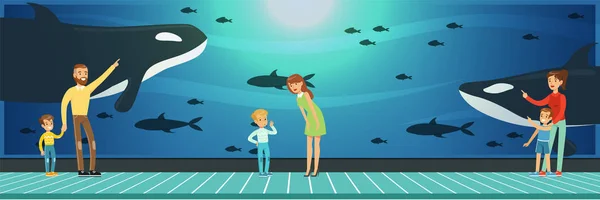 Personnes visitant un océanarium, parents avec enfants regardant des paysages sous-marins avec des animaux de mer vecteur Illustration à plat — Image vectorielle