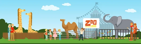 Personas visitando zoológico, niños viendo animales en el vector de excursión Ilustración en estilo plano — Vector de stock