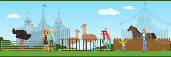Personas que visitan el zoológico y observan animales en el vector de excursión Ilustración en estilo plano — Vector de stock
