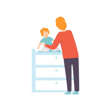 Babası tablo, onun çocuk vektör çizim dikkat çekici üst değiştirme onun Toddler Bebek Giydirme