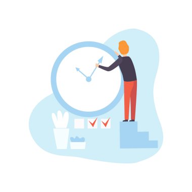 Çalışma zamanı, zaman yönetimi vektör illüstrasyon iş kavramı işadamı durdurma ok saat, planlama, adam düzenleme