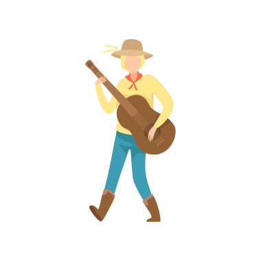 Parlak kostüm ve kovboy şapkası gitar folklor partisi, Festa Junina Brezilya June Festivali genç adam vektör çizim o