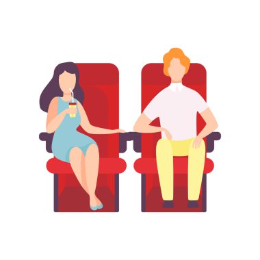 Vektör çizim sinema tiyatro ve film izlerken, genç kadın Soda içme oturan çift içecek