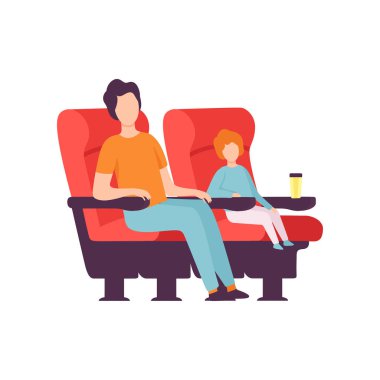 Baba ve oğlu Sinema Tiyatro içinde oturan ve film vektör çizim izlerken