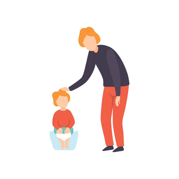 Söt liten Toddler Baby sitter på pottan, förälder som tar hand om hans barn vektorillustration — Stock vektor