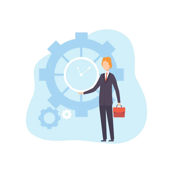 Homme d'affaires avec horloge, Office Manager Planification, organisation, contrôle du temps de travail, concept d'entreprise de gestion du temps Illustration vectorielle — Image vectorielle