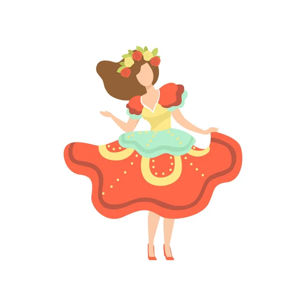 Dívka v barevné šaty a věnec z květin, tance na festivalu folklorní večírek, tradiční Brazílie June, Festa Junina vektorové ilustrace — Stockový vektor