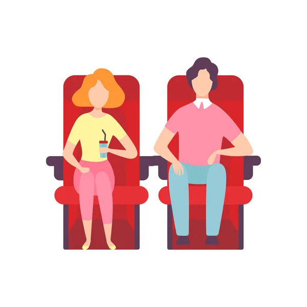 Paar sitzt im Kinosaal und schaut Film, junger Mann und Frau schauen auf Projektionswand im Kinosaal, Vektorillustration von vorne — Stockvektor