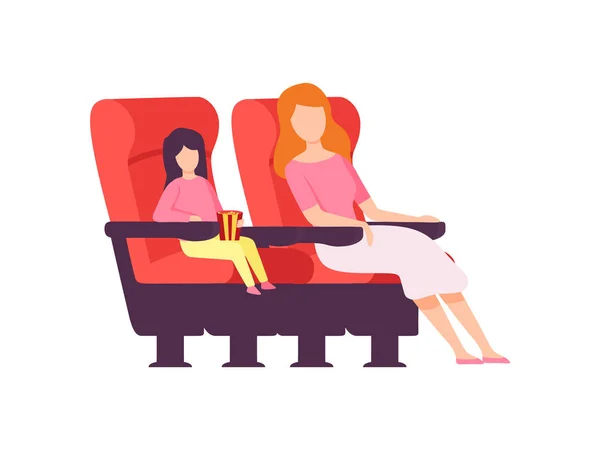 Mother and Her Daughter Sitting in Cinema Theatre and Watching Movie Vector Illustration — Stock Vector