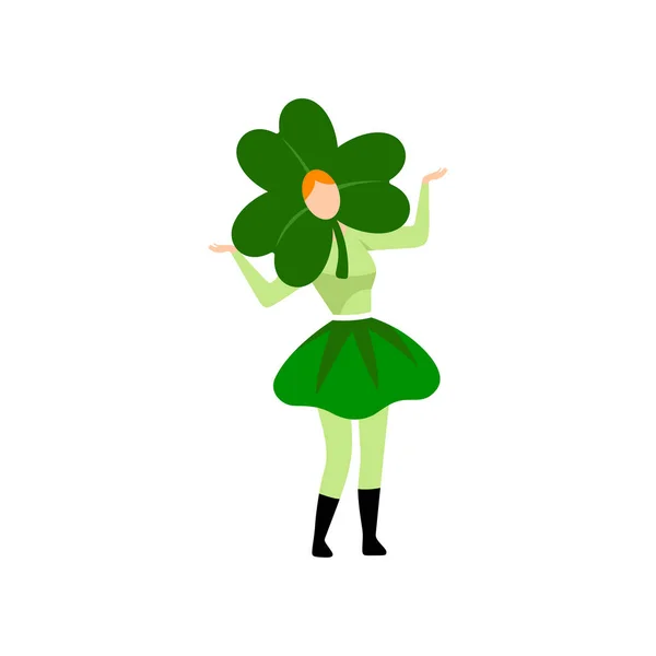 Girl in Green Irish Costume and Clover Shaped Headdress Celebrating Saint Patrick Day Vector Illustration — Stock Vector