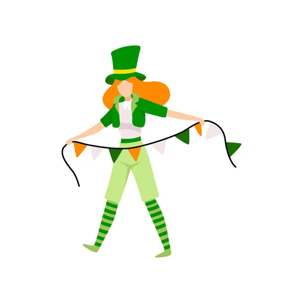 Girl in Green Irish Costume Celebrating Saint Patrick Day with Party Flags Vector Illustration — Stock Vector