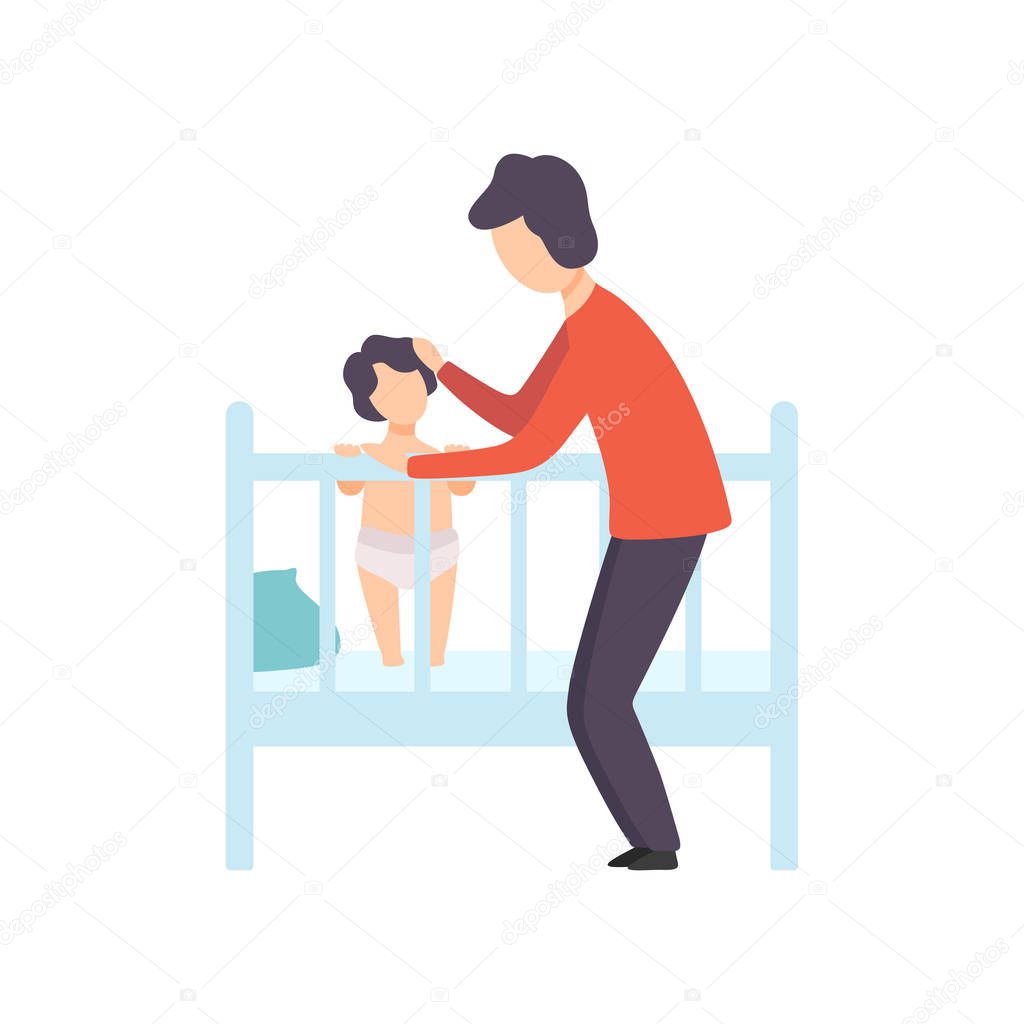 Father Putting His Kid to Bed, Parent Taking Care of His Child Vector Illustration