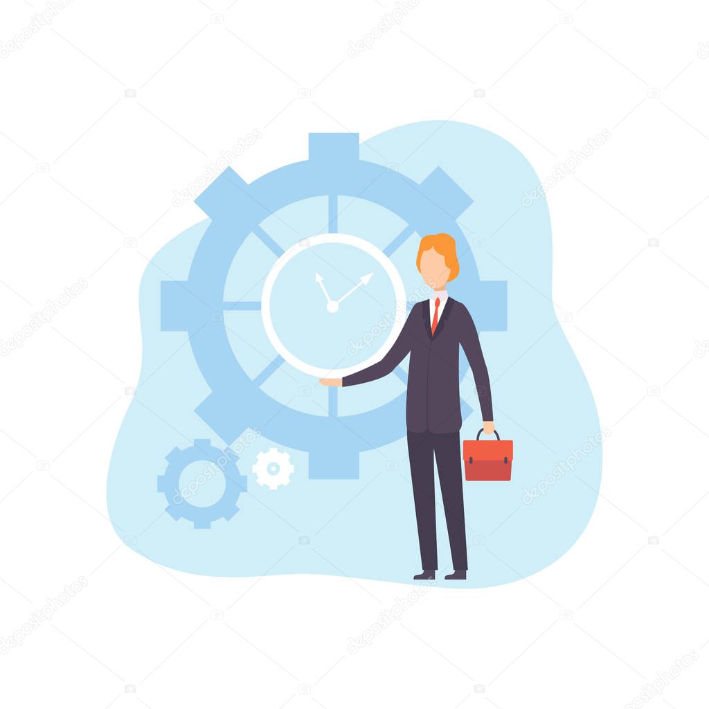 Businessman with Clock, Office Manager Planning, Organizing, Controlling Working Time, Business Concept of Time Management Vector Illustration