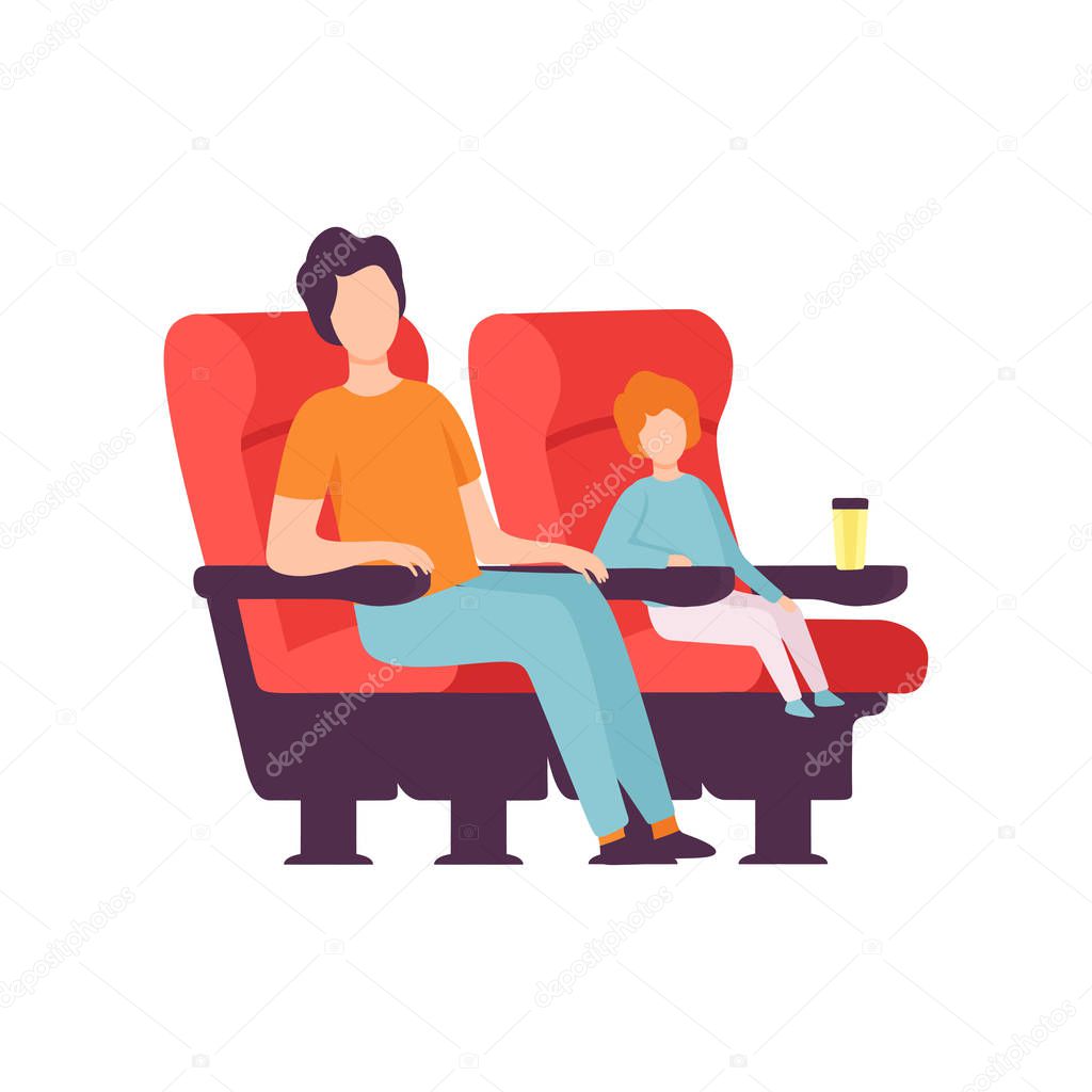 Father and His Son Sitting in Cinema Theatre and Watching Movie Vector Illustration