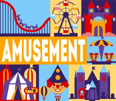 Eğlence Parkı afiş, karnaval, sirk Trône Carousels, Rollercoaster, korku Castle vektör çizim ile