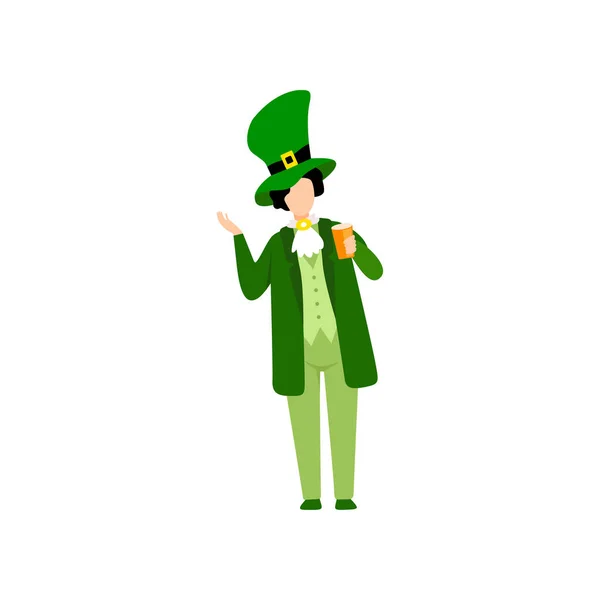 Young Man in Green Irish Costume and Hat with Beer, Guy Celebrating Saint Patrick Day Vector Illustration — Stock Vector