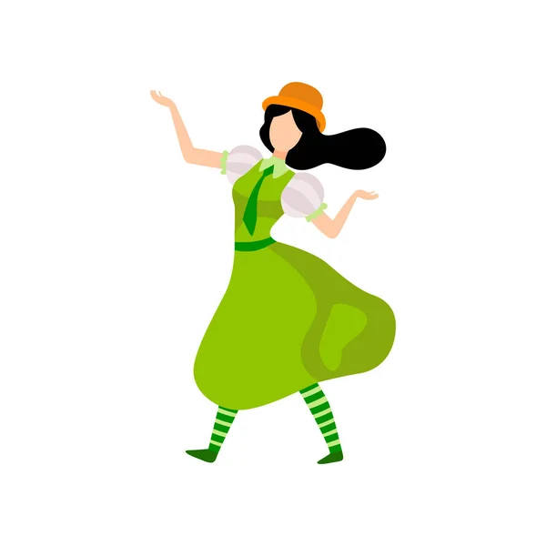 褐发女郎在绿色爱尔兰传统服装庆祝圣帕特里克节向量例证 — 图库矢量图片