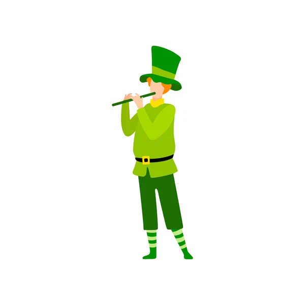 Young Man in Green Irish Costume Playing Flute, Guy Celebrating Saint Patrick Day Vector Illustration — Stock Vector