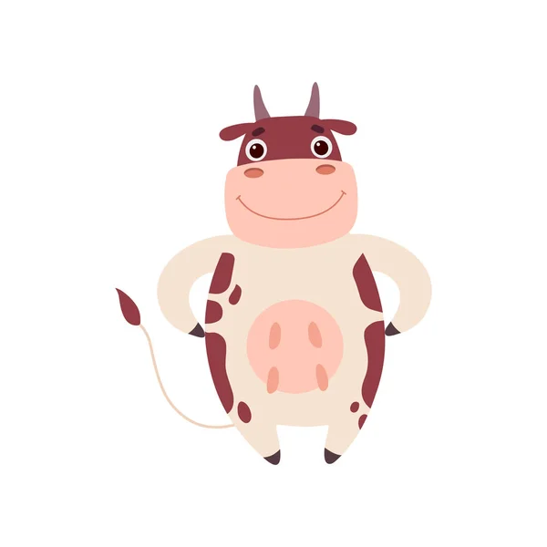 Linda vaca sonriente de pie en dos patas, Divertido personaje de dibujos animados de animales de granja Vector Ilustración — Archivo Imágenes Vectoriales