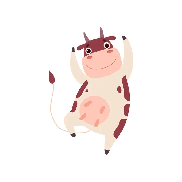Danse de vache souriante mignonne, illustration vectorielle de personnage de dessin animé drôle d'animal de ferme — Image vectorielle