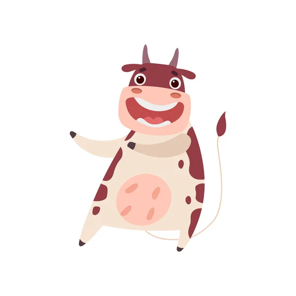 Vache souriante mignonne s'amuser, drôle animal de ferme personnage de bande dessinée faisant geste de bienvenue Illustration vectorielle — Image vectorielle