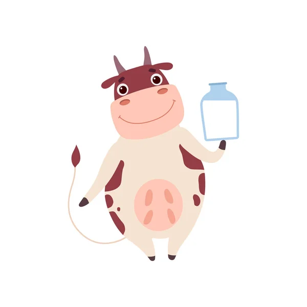 Cute Smiling Cow Standing on Two Legs and Holding Jar of Milk, Funny Farm Animal Cartoon Character Vector Illustration — Stock Vector