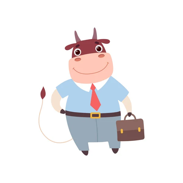 Smiling Bull Businessman Wearing Formal Clothes, Cute Farm Animal Cartoon Character Standing with Briefcase Vector Illustratio — Stock Vector